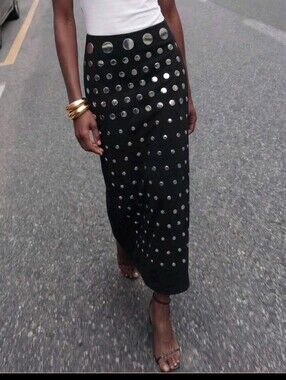 Women's Studded Black Straight Skirt, Elegant Fashion For Party Occasions